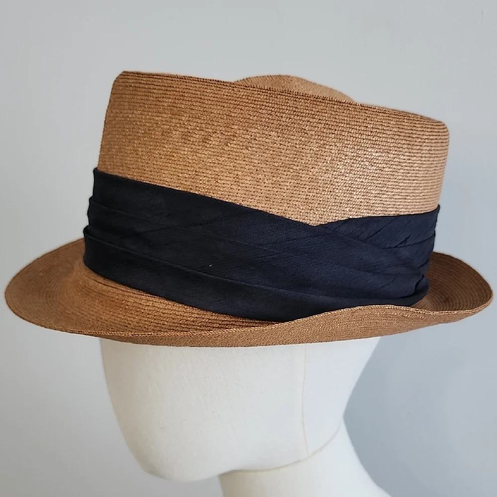 Knox New York Tan and Fedora Hat With Blue Ribbon Size 7 3/8